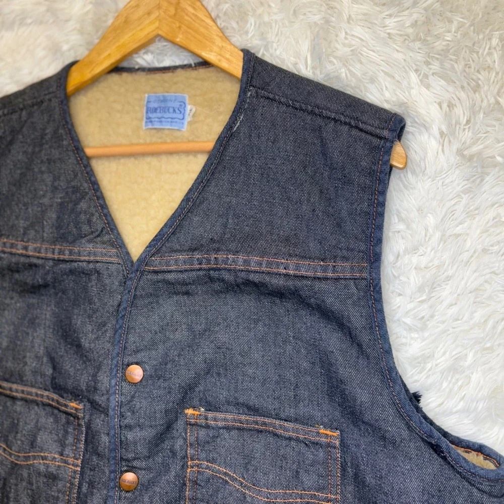 Vintage 70s Roebucks Sears Sherpa Lined Denim Vest Mens XL Snap Front Dark Wash